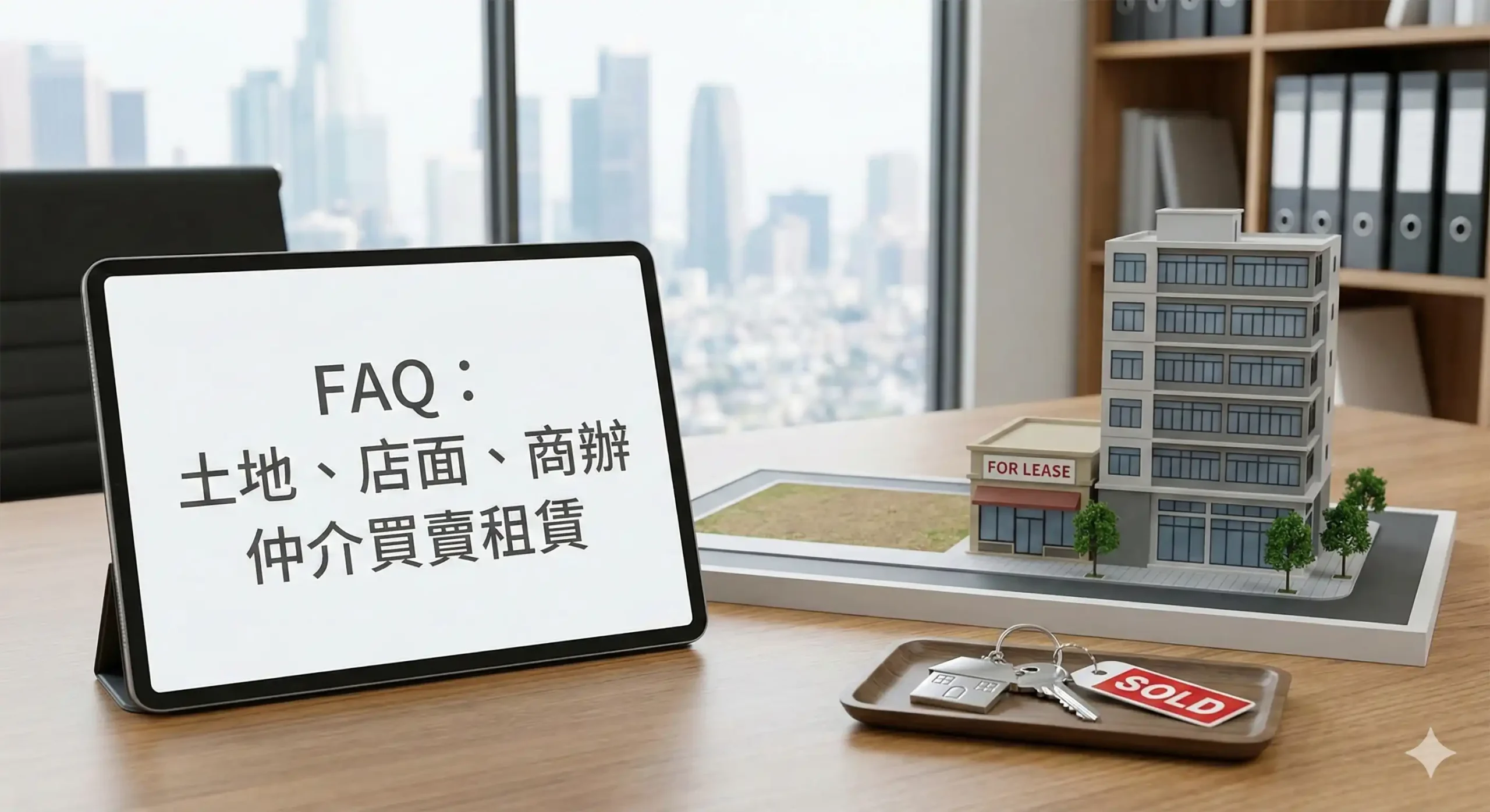 全方位土地、店面、商辦仲介買賣租賃服務示意圖。展示團隊如何運用不動產估價與市場分析，為經過土地整合開發或都更、危老重建後的優質資產，精確媒合買家與租客，達成最高效益的交易。