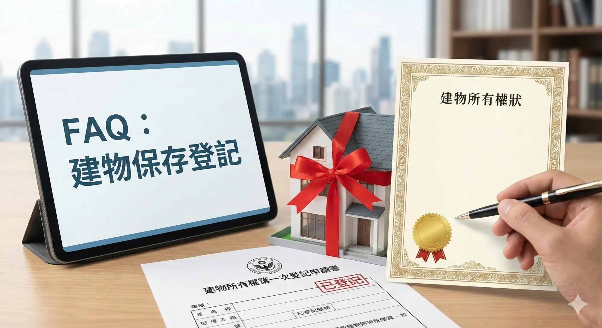 專業建物保存登記（第一次登記）服務示意圖。展示如何為土地整合開發或都更、危老重建完工後的新建物，建立合法的產權身分。強調此登記是確立資產價值的關鍵步驟，為後續的不動產估價貸款及土地、店面、商辦仲介買賣租賃交易奠定法律基礎。