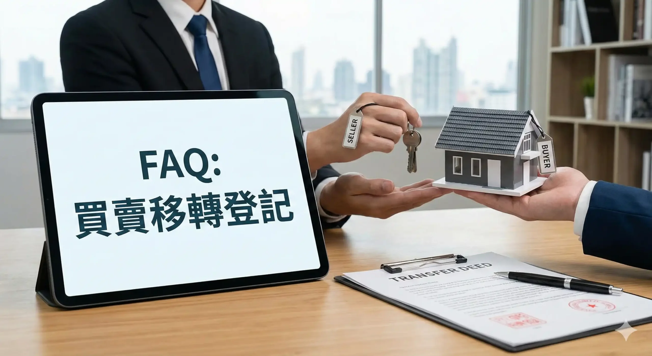 專業買賣移轉登記代書服務示意圖。展示泰欣地政士團隊如何協助客戶順利完成土地、店面、商辦仲介買賣租賃的過戶流程。強調在土地整合開發與都更、危老重建案件中，透過嚴謹的法律程序保障產權移轉安全，並結合不動產估價進行精準的稅務規劃。
