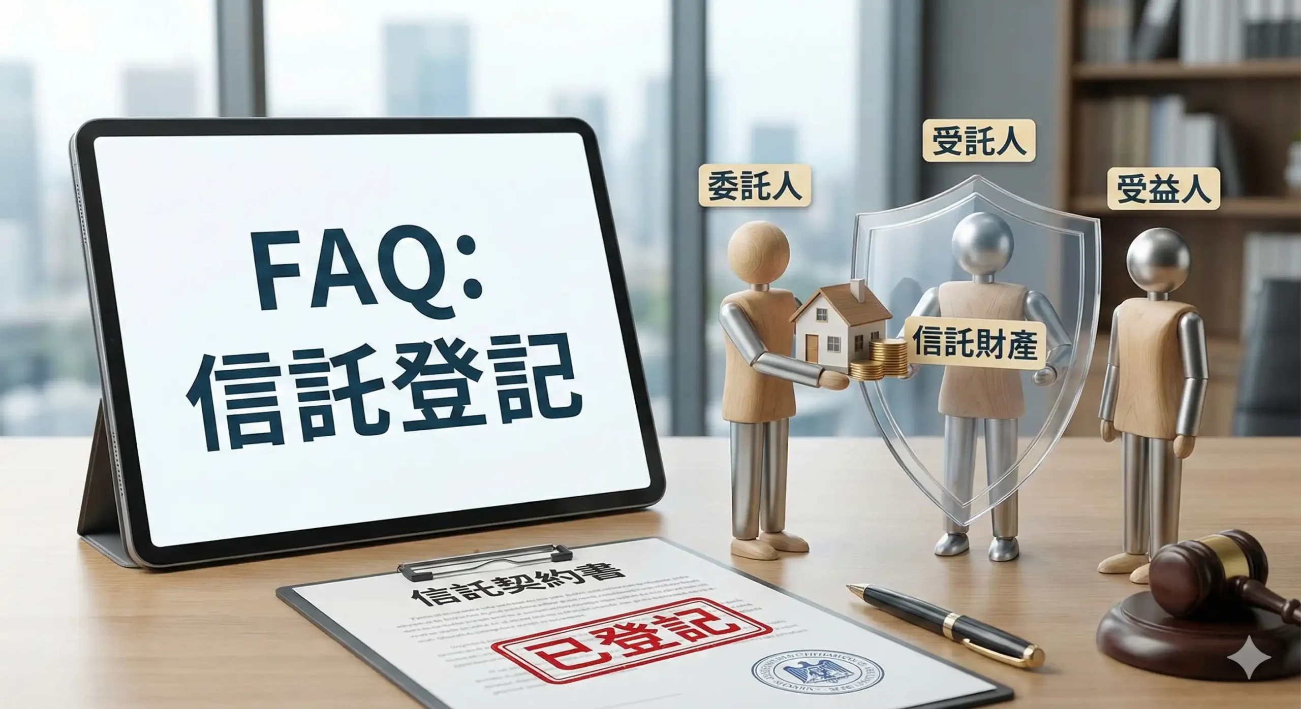 專業信託登記服務示意圖。展示如何透過法律信託機制，為土地整合開發及都更、危老重建案件建立資產防火牆，確保資金專款專用並降低爛尾風險。強調此機制能與不動產估價結合，為涉及龐大金額的申辦土地使用變更案或土地、店面、商辦仲介買賣租賃提供最嚴密的履約保證。