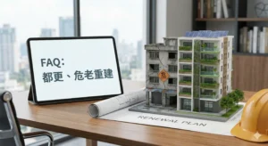 都更、危老重建規劃示意圖。展示如何將結構老舊的危險建築,透過專業的老屋整合開發與申辦土地使用變更程序,重建為安全耐震的現代化大樓。強調經過不動產估價試算後,重建計畫能大幅提升居住安全與資產價值。
