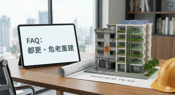 都更、危老重建規劃示意圖。展示如何將結構老舊的危險建築，透過專業的老屋整合開發與申辦土地使用變更程序，重建為安全耐震的現代化大樓。強調經過不動產估價試算後，重建計畫能大幅提升居住安全與資產價值。