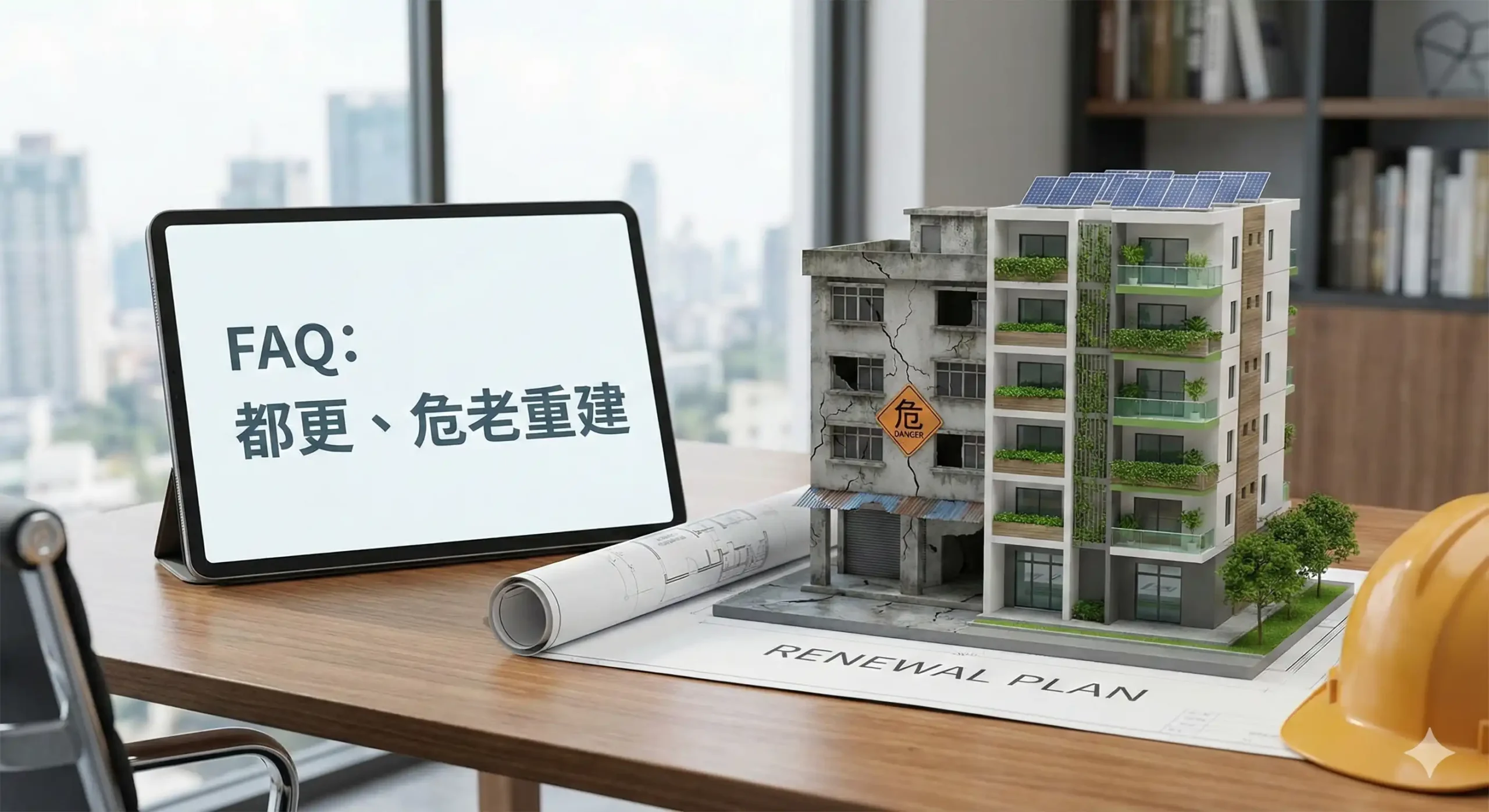 都更、危老重建規劃示意圖。展示如何將結構老舊的危險建築，透過專業的老屋整合開發與申辦土地使用變更程序，重建為安全耐震的現代化大樓。強調經過不動產估價試算後，重建計畫能大幅提升居住安全與資產價值。