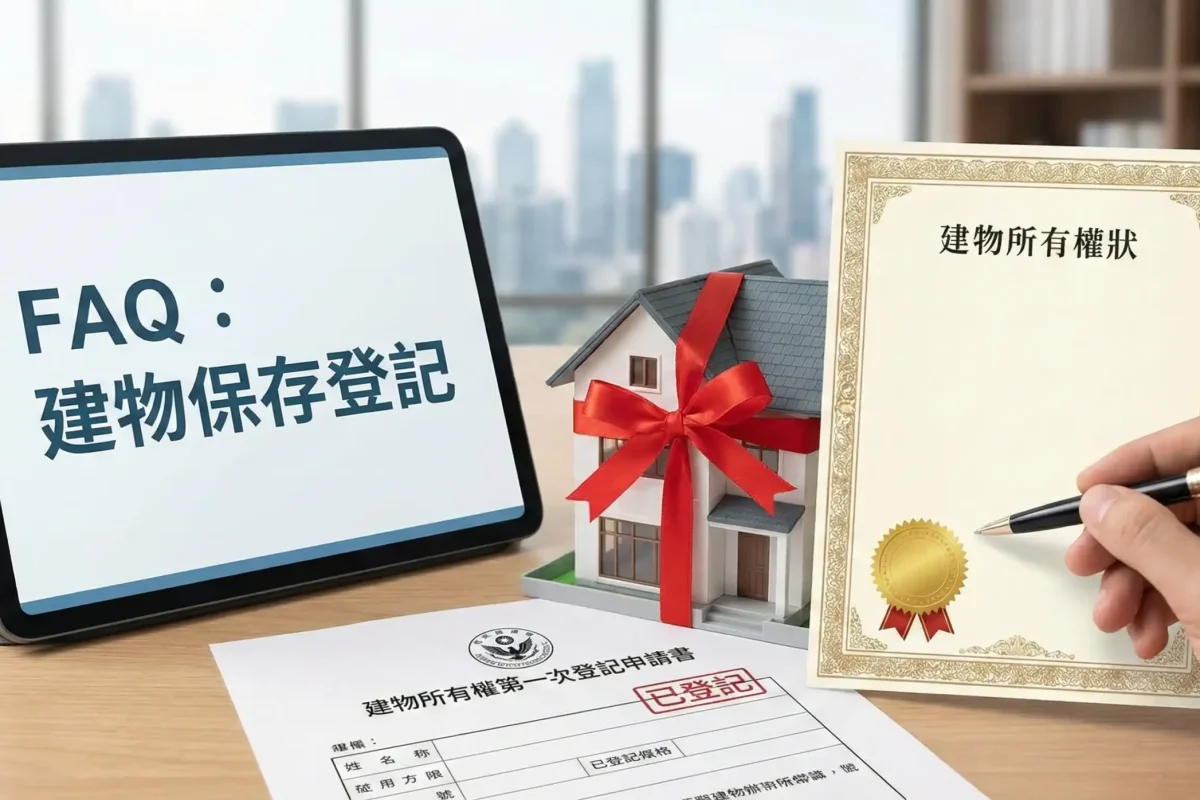 專業建物保存登記（第一次登記）服務示意圖。展示如何為土地整合開發或都更、危老重建完工後的新建物，建立合法的產權身分。強調此登記是確立資產價值的關鍵步驟，為後續的不動產估價貸款及土地、店面、商辦仲介買賣租賃交易奠定法律基礎。