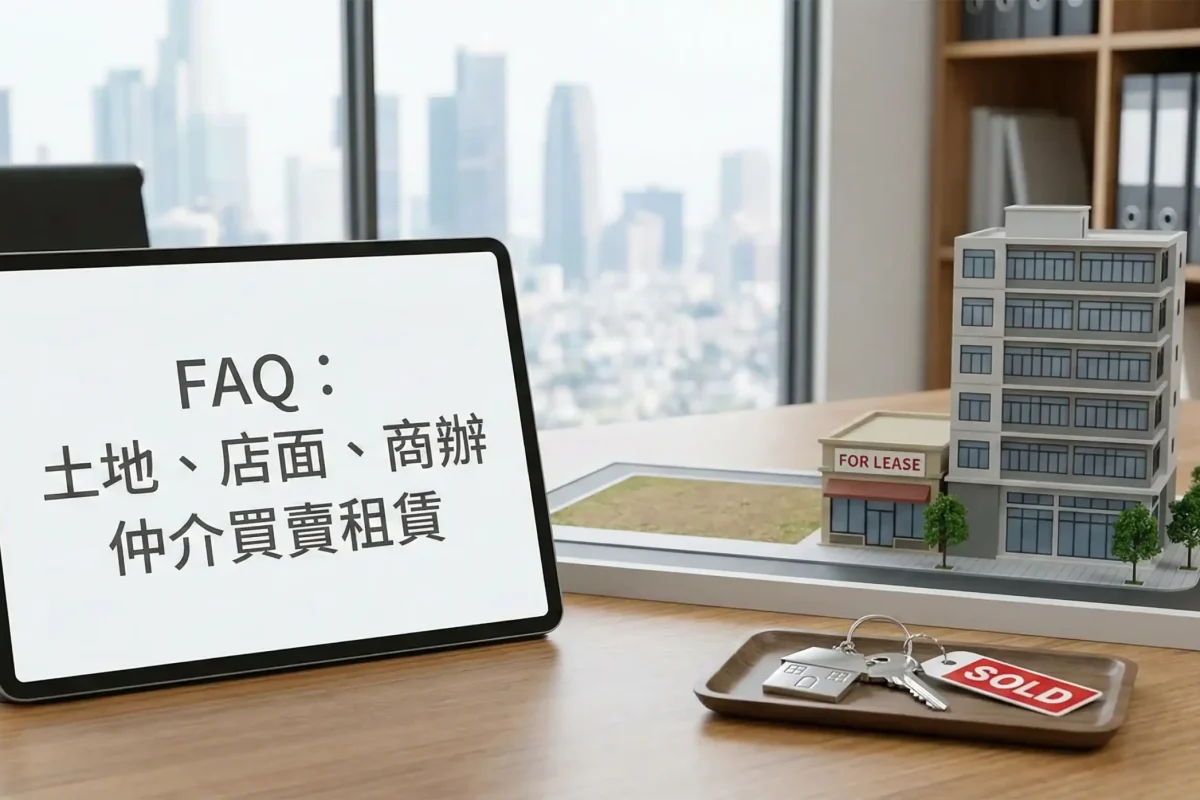 全方位土地、店面、商辦仲介買賣租賃服務示意圖。展示團隊如何運用不動產估價與市場分析，為經過土地整合開發或都更、危老重建後的優質資產，精確媒合買家與租客，達成最高效益的交易。