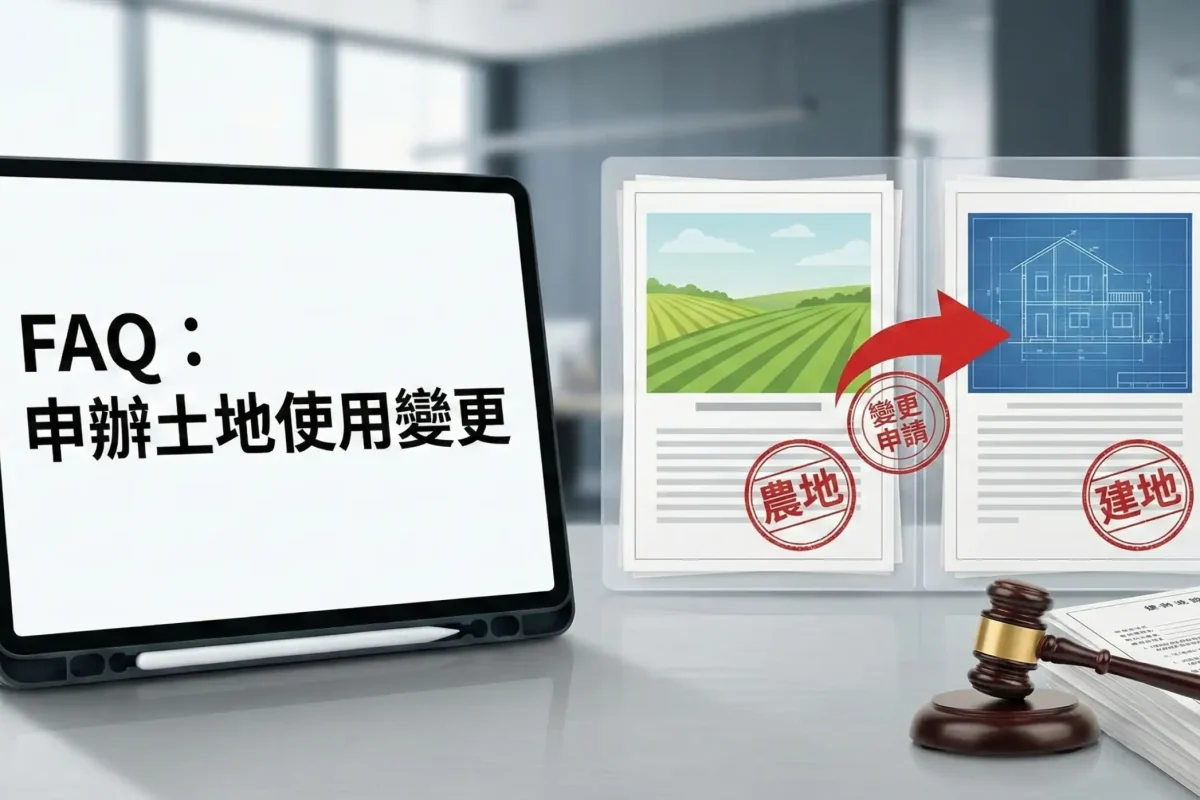 專業申辦土地使用變更流程示意圖。展示如何協助地主突破法規限制，將農地、保護區或低度利用土地轉型。此服務常與土地整合開發策略搭配進行，並經由不動產估價精算，大幅提升土地的利用強度與潛在商業價值。