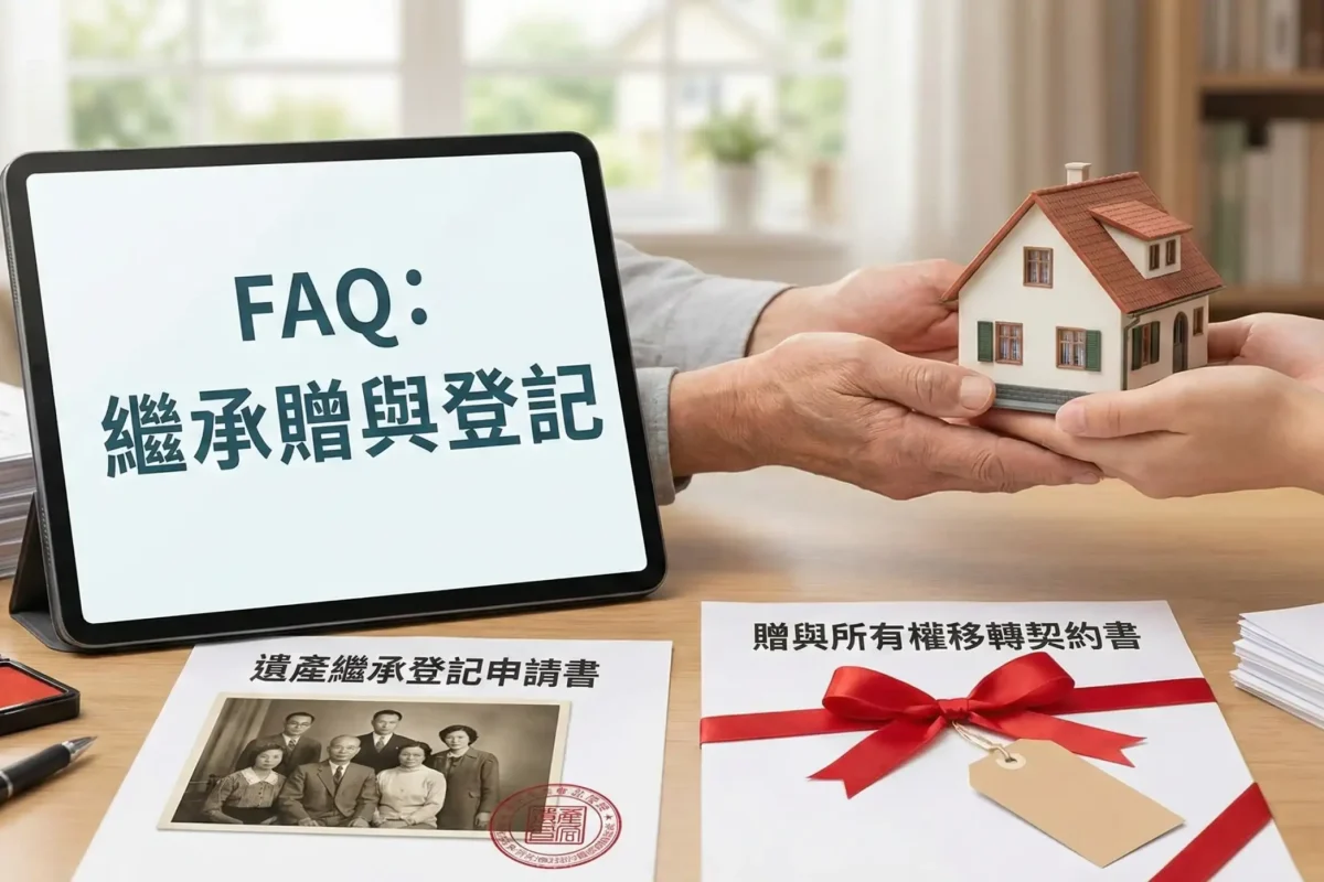 專業繼承贈與登記服務示意圖。展示泰欣地政士如何解決家族產權複雜的持分問題，這往往是啟動土地整合開發與老屋整合開發的關鍵前哨戰。強調結合不動產估價進行精準稅務試算，協助客戶將繼承後的資產順利傳承，以便投入後續的都更、危老重建規劃或土地、店面、商辦仲介買賣租賃市場。