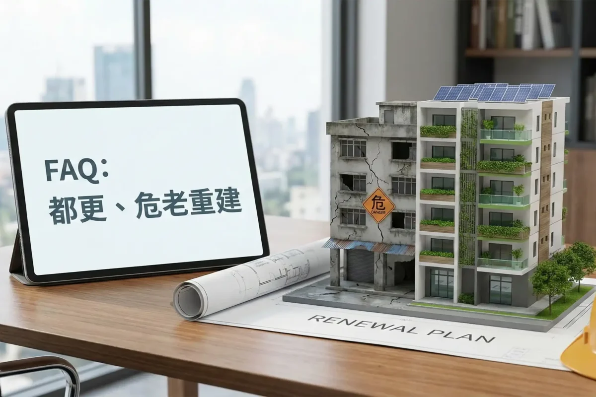 都更、危老重建規劃示意圖。展示如何將結構老舊的危險建築，透過專業的老屋整合開發與申辦土地使用變更程序，重建為安全耐震的現代化大樓。強調經過不動產估價試算後，重建計畫能大幅提升居住安全與資產價值。
